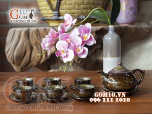 Bộ ấm chén men hỏa biến CỐT GỐM dáng chóp, chỉ nâu 300ml