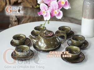 Bộ ấm chén men hỏa biến CỐT GỐM dáng dẹt, 200ml