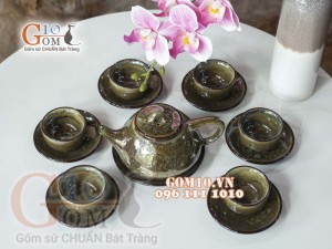 Bộ ấm chén men hỏa biến CỐT GỐM dáng dẹt, 200ml