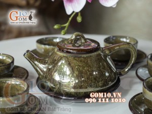 Bộ ấm chén men hỏa biến CỐT GỐM dáng dẹt, 200ml