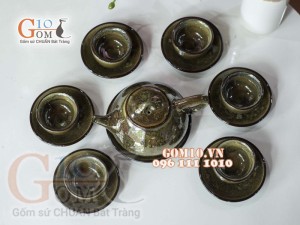 Bộ ấm chén men hỏa biến CỐT GỐM dáng dẹt, 200ml