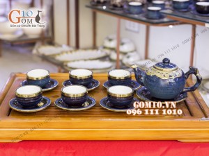 Bộ ấm chén men hỏa biến, dáng gốc cây 350ml  bọc đồng