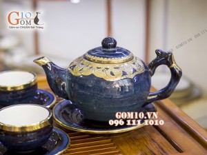 Bộ ấm chén men hỏa biến, dáng gốc cây 350ml  bọc đồng