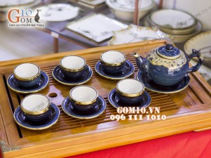 Bộ ấm chén men hỏa biến, dáng gốc cây 350ml  bọc đồng