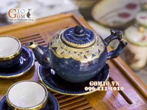 Bộ ấm chén men hỏa biến, dáng gốc cây 350ml  bọc đồng