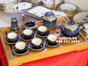 Bộ ấm chén men hỏa biến, dáng gốc cây 350ml bọc đồng, đầy đủ phụ kiện