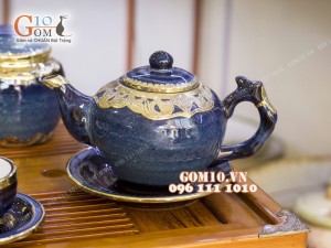 Bộ ấm chén men hỏa biến, dáng gốc cây 350ml bọc đồng, đầy đủ phụ kiện