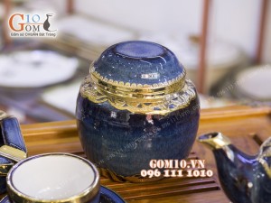 Bộ ấm chén men hỏa biến, dáng gốc cây 350ml bọc đồng, đầy đủ phụ kiện