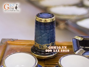 Bộ ấm chén men hỏa biến, dáng gốc cây 350ml bọc đồng, đầy đủ phụ kiện