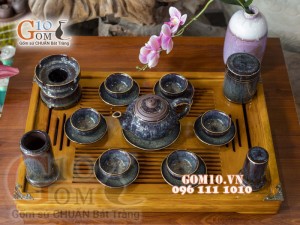 Bộ ấm chén men hỏa biến CỐT GỐM dáng quả hồng, chỉ vàng - đầy đủ phụ kiện 350ml