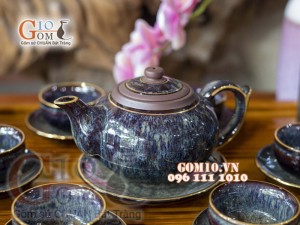 Bộ ấm chén men hỏa biến CỐT GỐM dáng quả hồng, chỉ vàng - đầy đủ phụ kiện 350ml