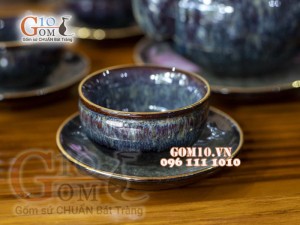 Bộ ấm chén men hỏa biến CỐT GỐM dáng quả hồng, chỉ vàng - đầy đủ phụ kiện 350ml