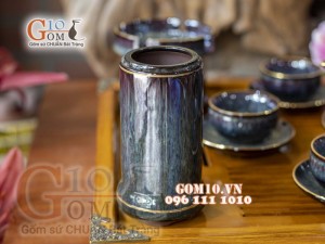 Bộ ấm chén men hỏa biến CỐT GỐM dáng quả hồng, chỉ vàng - đầy đủ phụ kiện 350ml