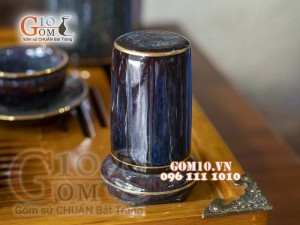 Bộ ấm chén men hỏa biến CỐT GỐM dáng quả hồng, chỉ vàng - đầy đủ phụ kiện 350ml