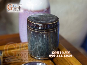 Bộ ấm chén men hỏa biến CỐT GỐM dáng quả hồng, chỉ vàng - đầy đủ phụ kiện 350ml