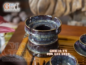 Bộ ấm chén men hỏa biến CỐT GỐM dáng quả hồng, chỉ vàng - đầy đủ phụ kiện 350ml