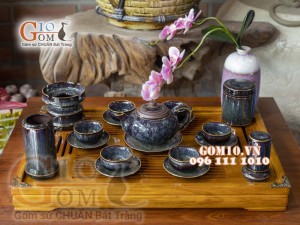 Bộ ấm chén men hỏa biến CỐT GỐM dáng quả hồng, chỉ vàng - đầy đủ phụ kiện 350ml