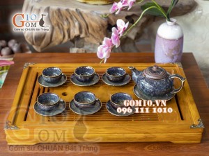 Bộ ấm chén men hỏa biến CỐT GỐM dáng quả hồng, chỉ vàng 350ml