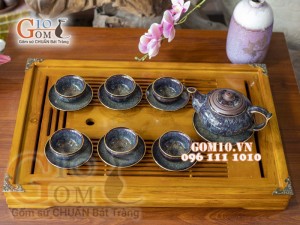 Bộ ấm chén men hỏa biến CỐT GỐM dáng quả hồng, chỉ vàng 350ml