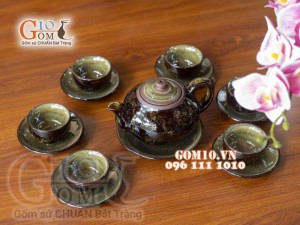 Bộ ấm chén men hỏa biến CỐT GỐM dáng quả hồng dẹt, chỉ nâu 300ml