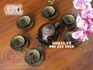 Bộ ấm chén men hỏa biến CỐT GỐM dáng quả hồng dẹt, chỉ nâu 300ml