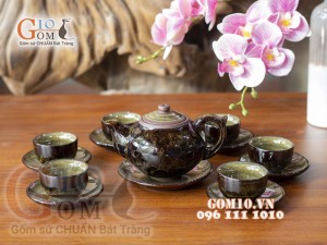 Bộ ấm chén men hỏa biến CỐT GỐM dáng quả hồng dẹt, chỉ nâu 300ml