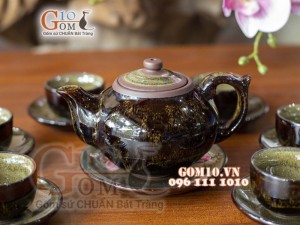 Bộ ấm chén men hỏa biến CỐT GỐM dáng quả hồng dẹt, chỉ nâu 300ml