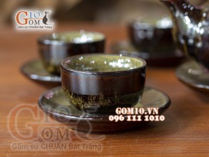 Bộ ấm chén men hỏa biến CỐT GỐM dáng quả hồng dẹt, chỉ nâu 300ml