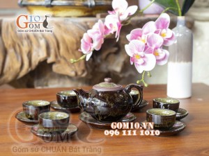 Bộ ấm chén men hỏa biến CỐT GỐM dáng quả hồng dẹt, chỉ nâu 300ml