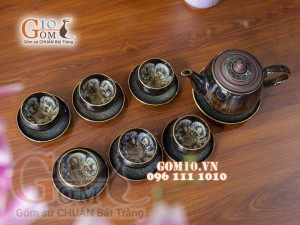 Bộ ấm chén men hỏa biến CỐT GỐM dáng vại - chén lòng hoa, chỉ vàng 350ml