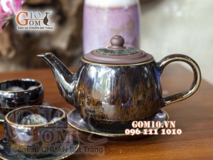 Bộ ấm chén men hỏa biến CỐT GỐM dáng vại - chén lòng hoa, chỉ vàng 350ml