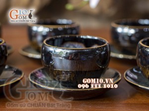 Bộ ấm chén men hỏa biến CỐT GỐM dáng vại - chén lòng hoa, chỉ vàng 350ml