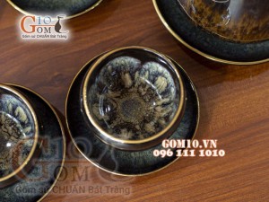 Bộ ấm chén men hỏa biến CỐT GỐM dáng vại - chén lòng hoa, chỉ vàng 350ml