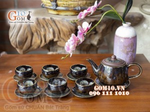 Bộ ấm chén men hỏa biến CỐT GỐM dáng vại - chén lòng hoa, chỉ vàng 350ml