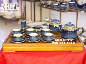 Bộ ấm chén men hỏa biến, dáng vai vuông 350ml bọc đồng, đầy đủ phụ kiện