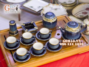 Bộ ấm chén men hỏa biến, dáng vai vuông 350ml bọc đồng, đầy đủ phụ kiện