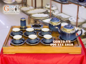 Bộ ấm chén men hỏa biến, dáng vai vuông 350ml bọc đồng, đầy đủ phụ kiện