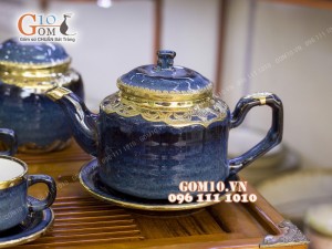 Bộ ấm chén men hỏa biến, dáng vai vuông 350ml bọc đồng, đầy đủ phụ kiện