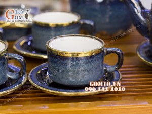 Bộ ấm chén men hỏa biến, dáng vai vuông 350ml bọc đồng, đầy đủ phụ kiện