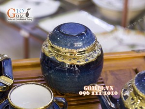 Bộ ấm chén men hỏa biến, dáng vai vuông 350ml bọc đồng, đầy đủ phụ kiện