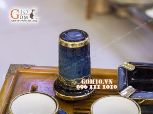 Bộ ấm chén men hỏa biến, dáng vai vuông 350ml bọc đồng, đầy đủ phụ kiện