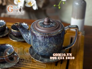 Bộ ấm chén men hỏa biến CỐT GỐM dáng vai vuông, chỉ vàng 400ml