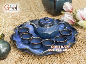 Bộ ấm chén men hỏa biến dáng vuông, khay lá sen, màu xanh biển