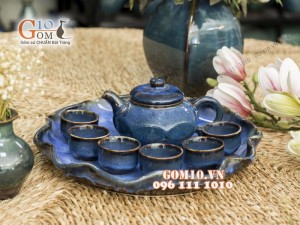 Bộ ấm chén men hỏa biến dáng vuông, khay lá sen, màu xanh biển
