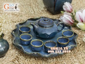 Bộ ấm chén men hỏa biến dáng vuông, khay lá sen, màu xanh debon