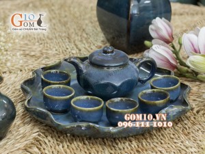 Bộ ấm chén men hỏa biến dáng vuông, khay lá sen, màu xanh debon