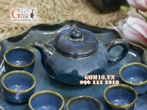 Bộ ấm chén men hỏa biến dáng vuông, khay lá sen, màu xanh debon