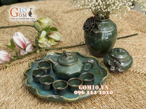 Bộ ấm chén men hỏa biến dáng vuông, khay lá sen và phụ kiện