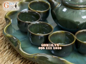 Bộ ấm chén men hỏa biến dáng vuông, khay lá sen và phụ kiện