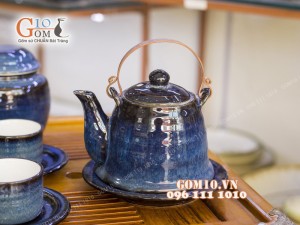 Bộ ấm chén men hỏa biến dáng vuốt 350ml, đầy đủ phụ kiện